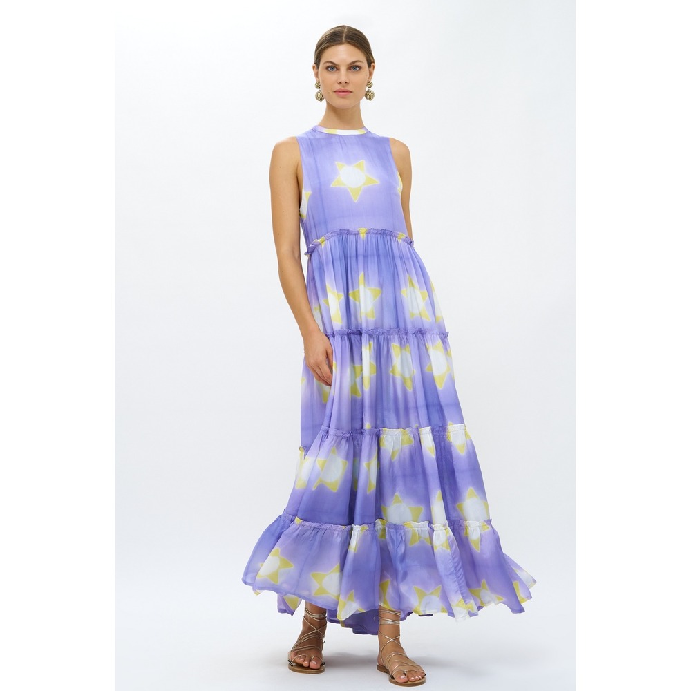 Oliphant Women's Ruffle Tiered Maxi Mela Peri Dress Purple Star Print- L